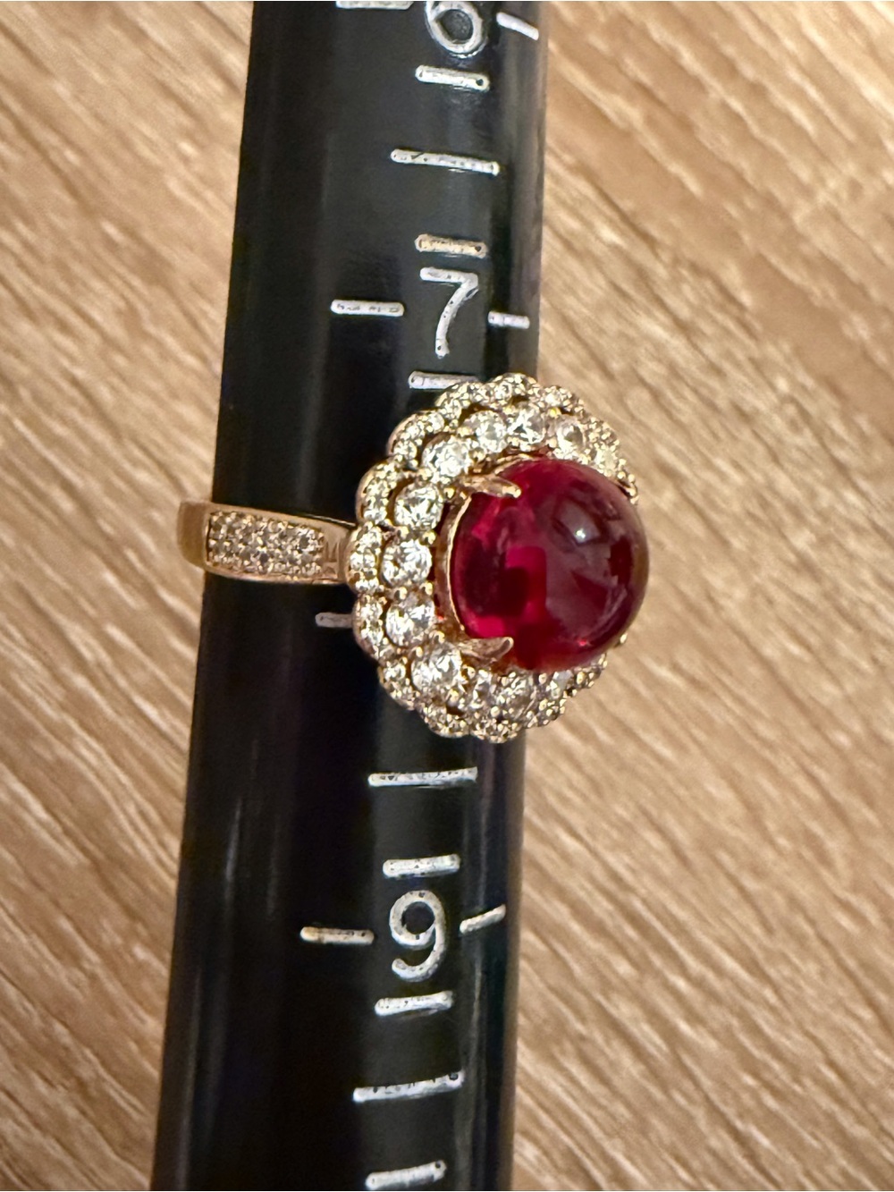 Gold Ring with Red Cabochon Center and Pavé Crystals